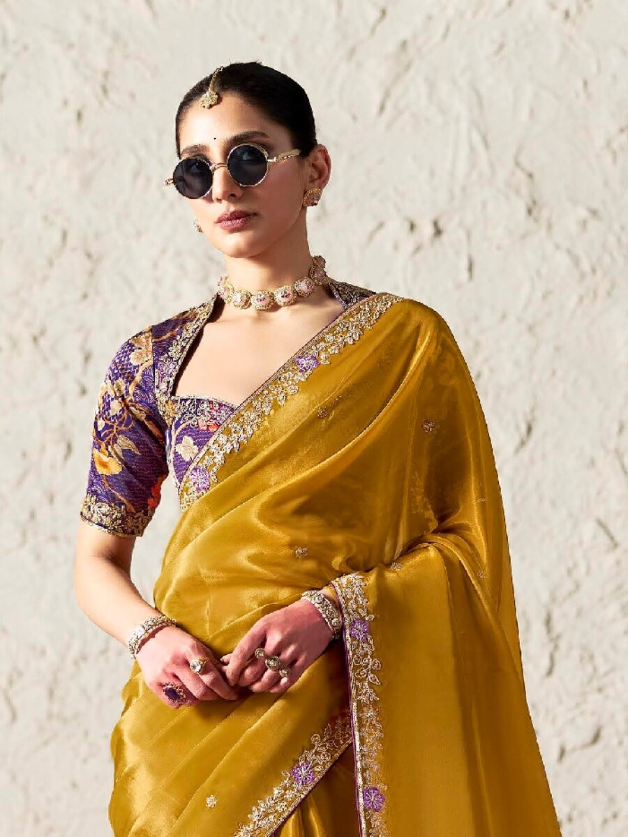 Yellow Pure Fancy Tissue Silk Zari Sequins Wedding Reception Party Festival Heavy Border Sarees