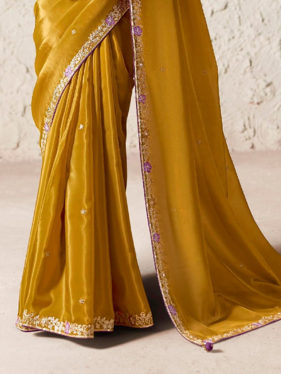 Yellow Pure Fancy Tissue Silk Zari Sequins Wedding Reception Party Festival Heavy Border Sarees