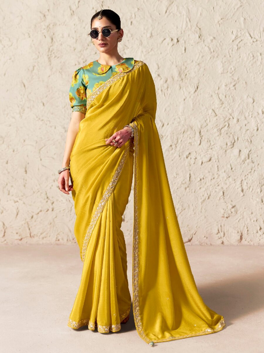 Yellow Pure Fancy Tissue Silk Zari Sequins Wedding Reception Party Festival Heavy Border Sarees