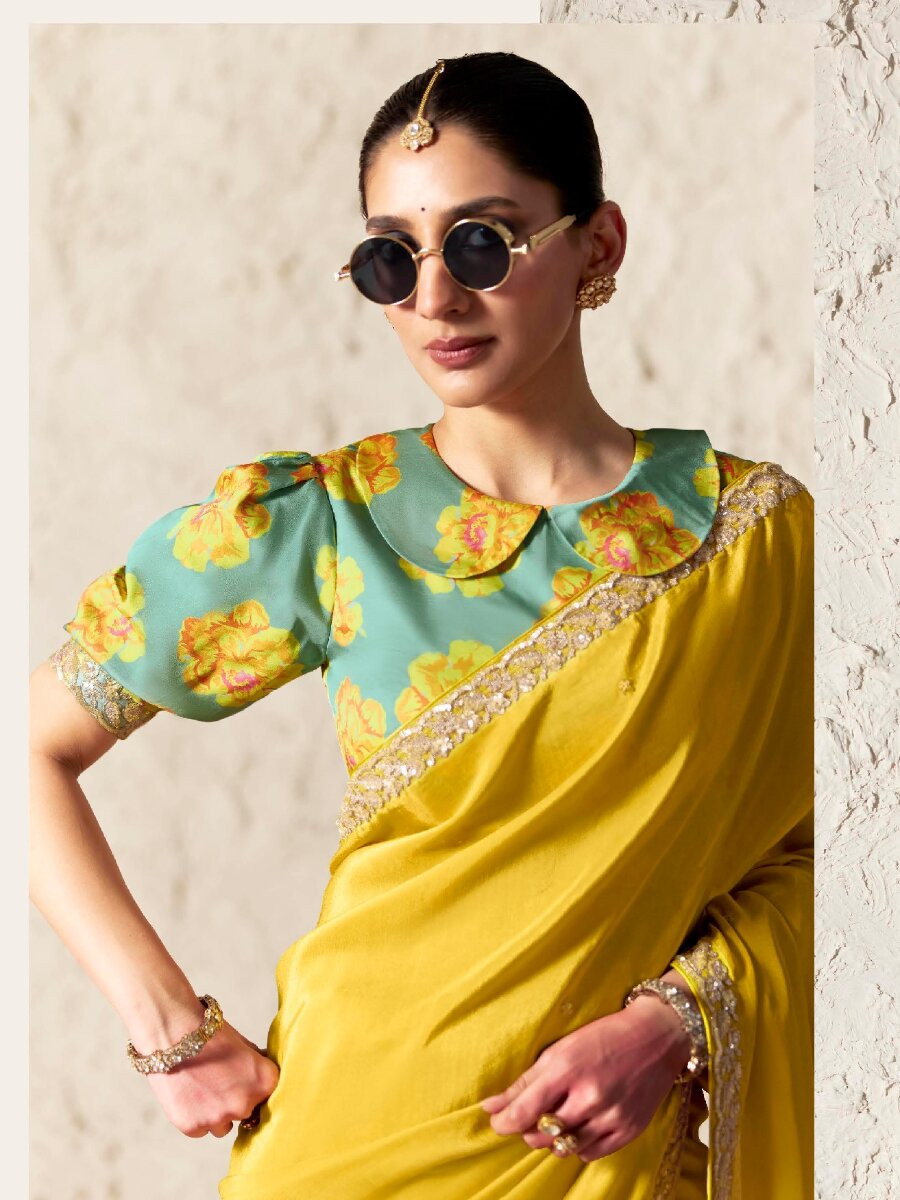 Yellow Pure Fancy Tissue Silk Zari Sequins Wedding Reception Party Festival Heavy Border Sarees