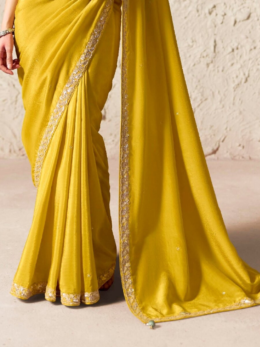 Yellow Pure Fancy Tissue Silk Zari Sequins Wedding Reception Party Festival Heavy Border Sarees