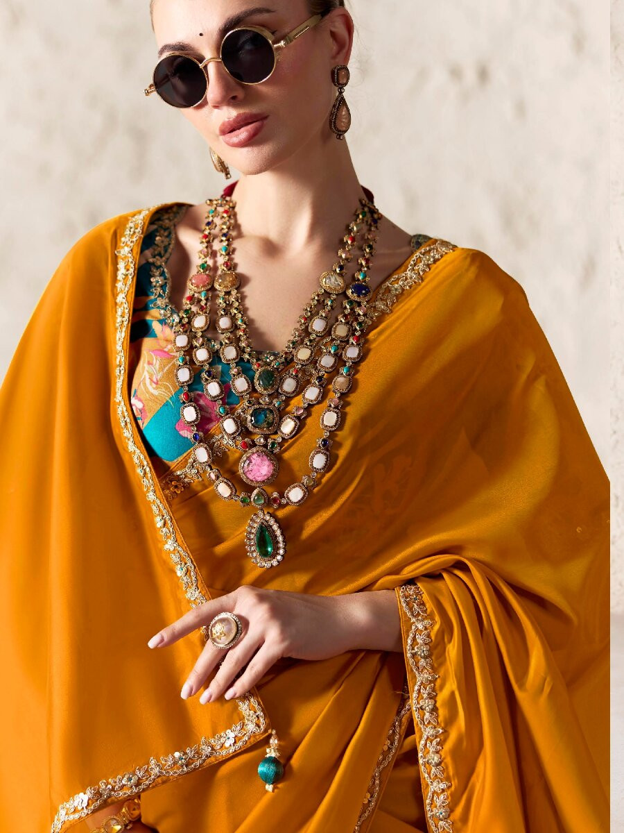 Yellow Pure Fancy Tissue Silk Zari Sequins Wedding Reception Party Festival Heavy Border Sarees