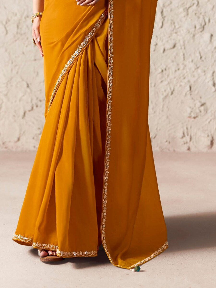 Yellow Pure Fancy Tissue Silk Zari Sequins Wedding Reception Party Festival Heavy Border Sarees