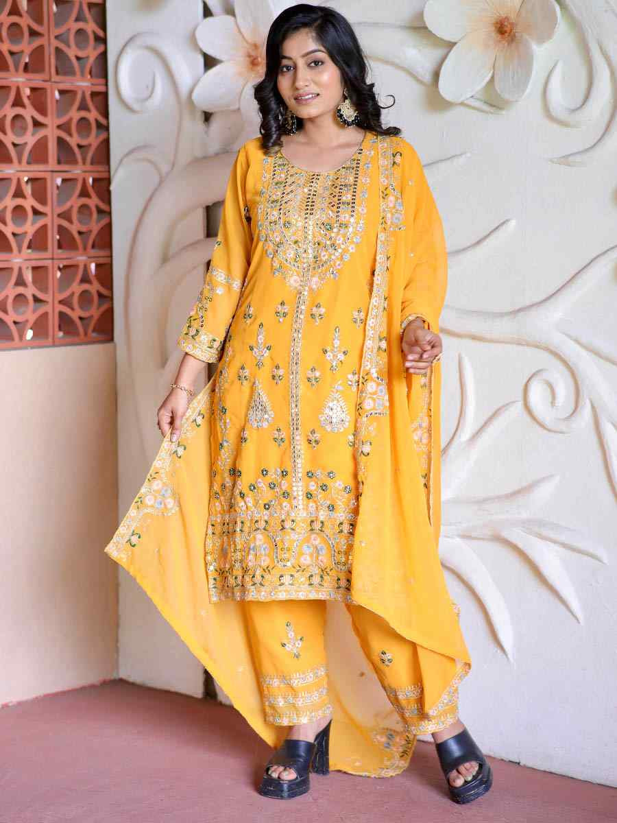 Yellow Pure Faux Georgette Silk Embroidered Party Wedding Ready Pant Salwar Kameez