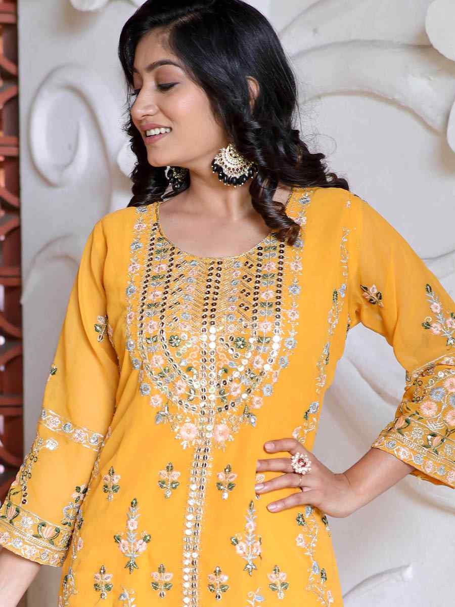 Yellow Pure Faux Georgette Silk Embroidered Party Wedding Ready Pant Salwar Kameez