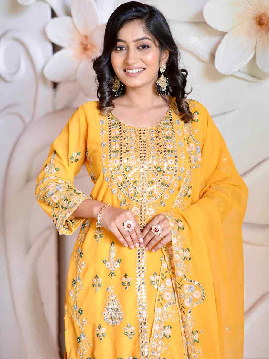 Yellow Pure Faux Georgette Silk Embroidered Party Wedding Ready Pant Salwar Kameez