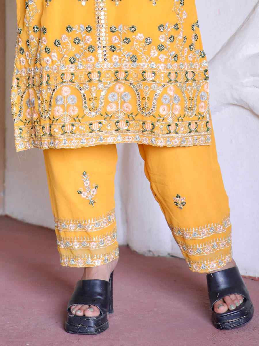 Yellow Pure Faux Georgette Silk Embroidered Party Wedding Ready Pant Salwar Kameez