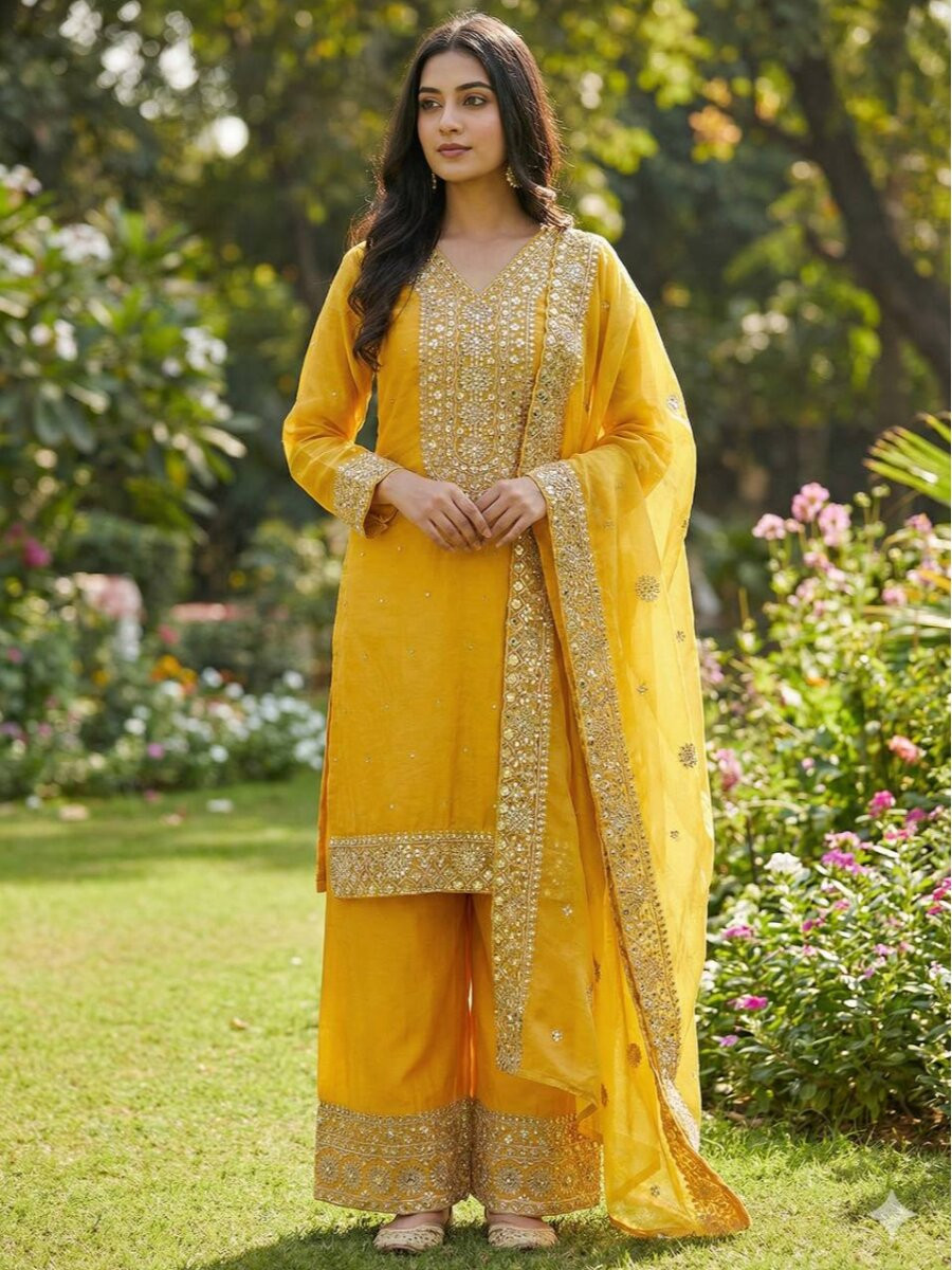 Yellow Pure Fendy Silk Embroidery Sequins Zari Wedding Party Festival Palazzo Pant Salwar Kameez