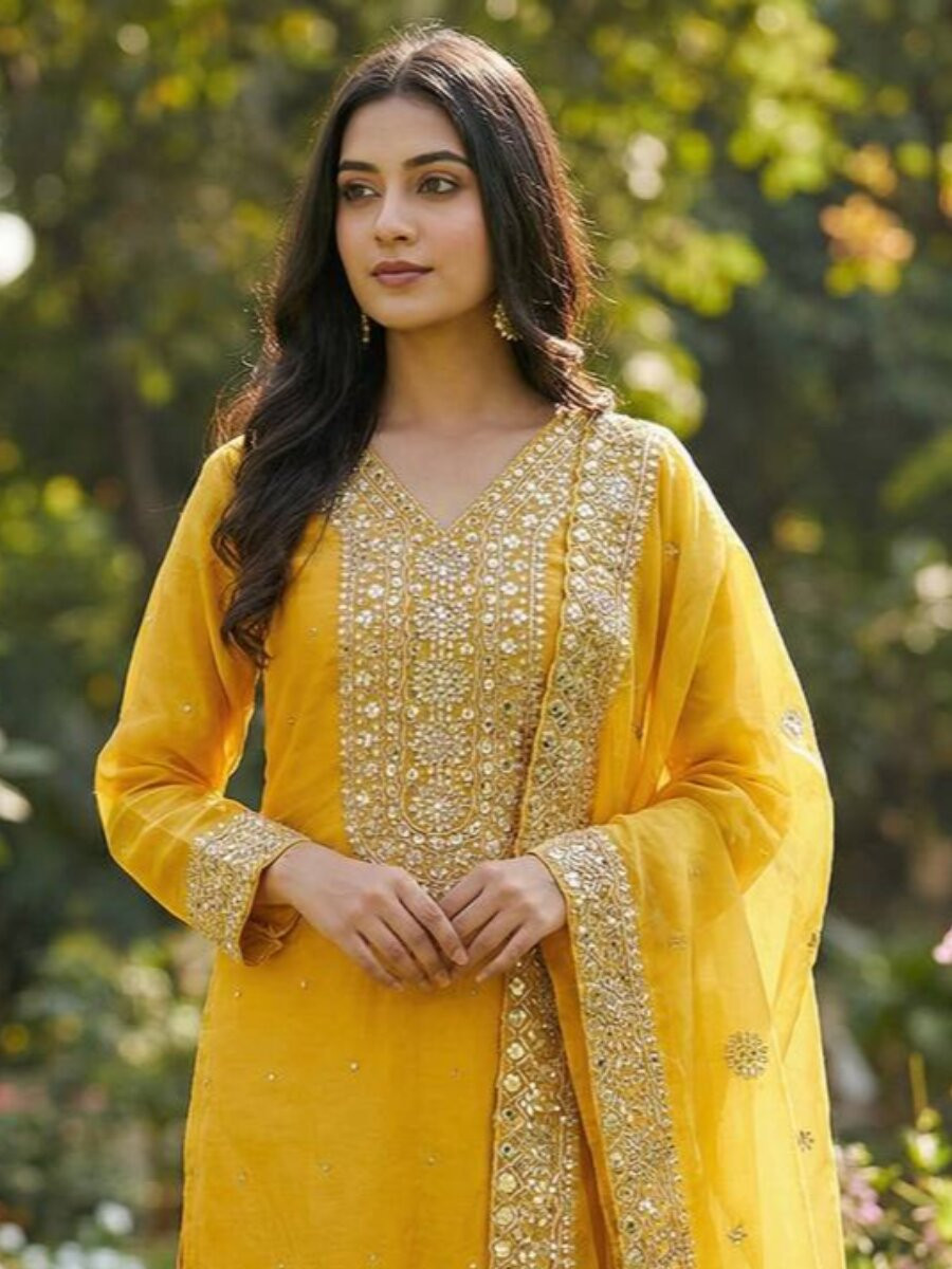 Yellow Pure Fendy Silk Embroidery Sequins Zari Wedding Party Festival Palazzo Pant Salwar Kameez