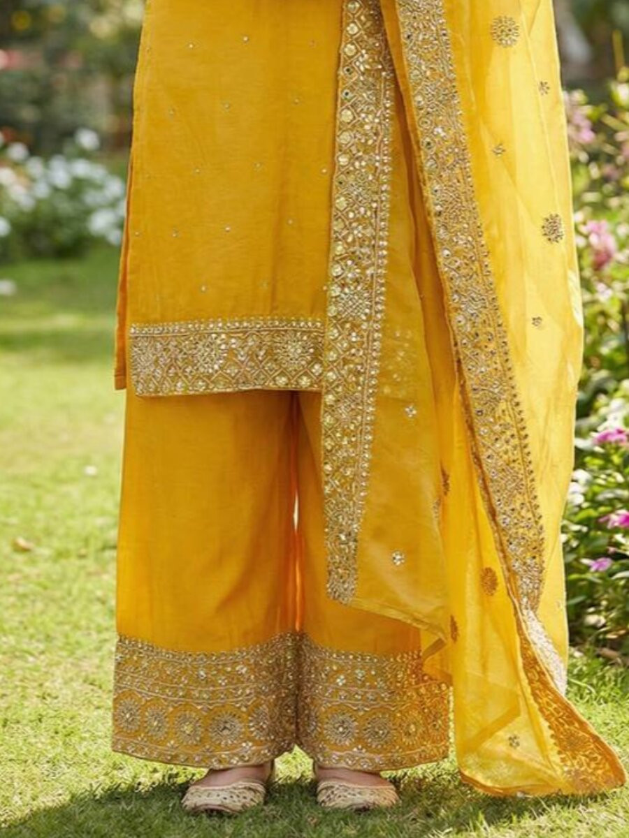 Yellow Pure Fendy Silk Embroidery Sequins Zari Wedding Party Festival Palazzo Pant Salwar Kameez