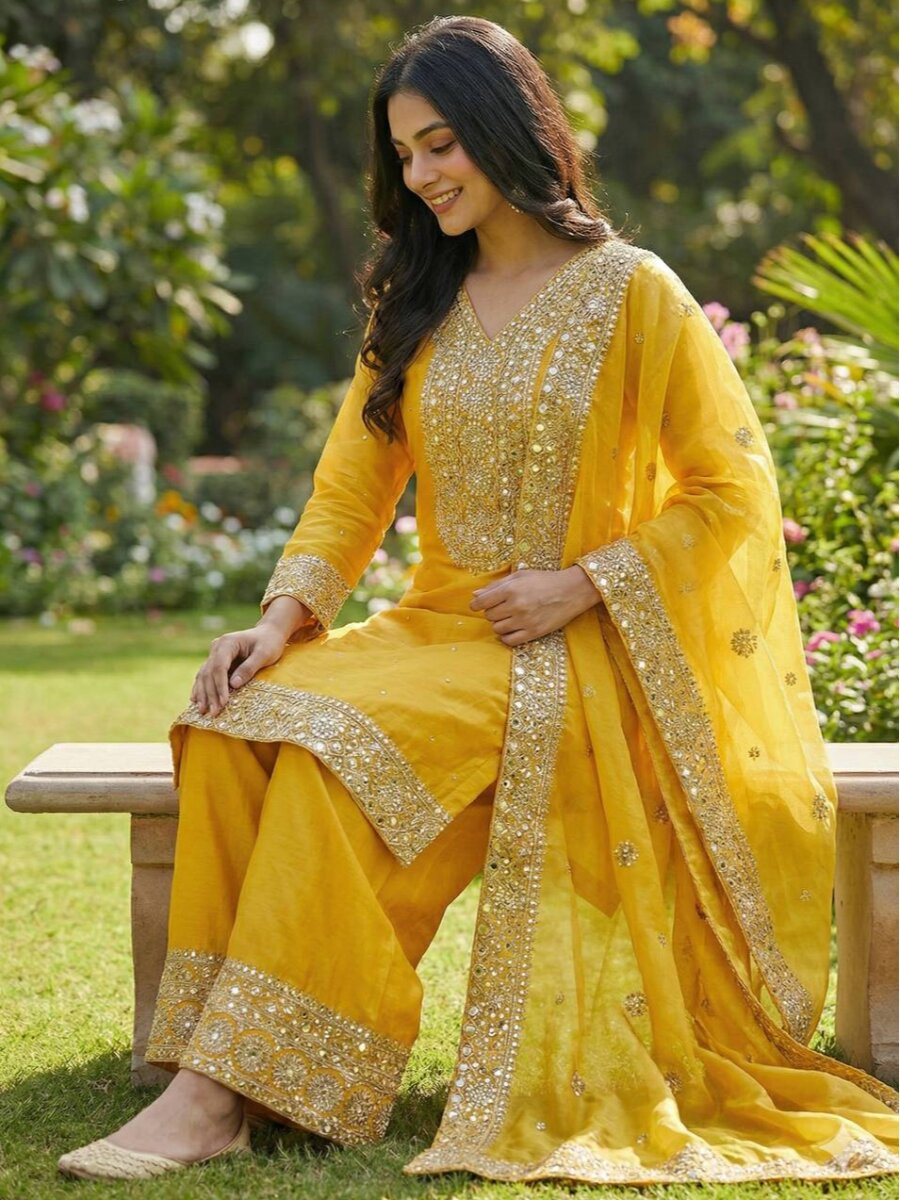 Yellow Pure Fendy Silk Embroidery Sequins Zari Wedding Party Festival Palazzo Pant Salwar Kameez