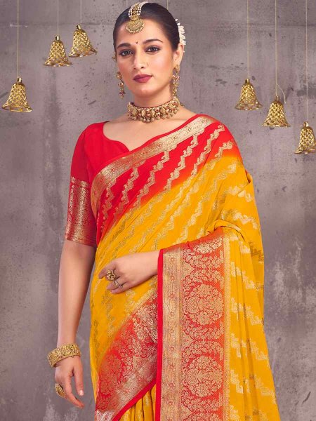Yellow Pure Georgette Handwoven Wedding Festival Heavy Border Saree