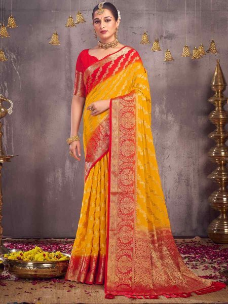 Yellow Pure Georgette Handwoven Wedding Festival Heavy Border Saree