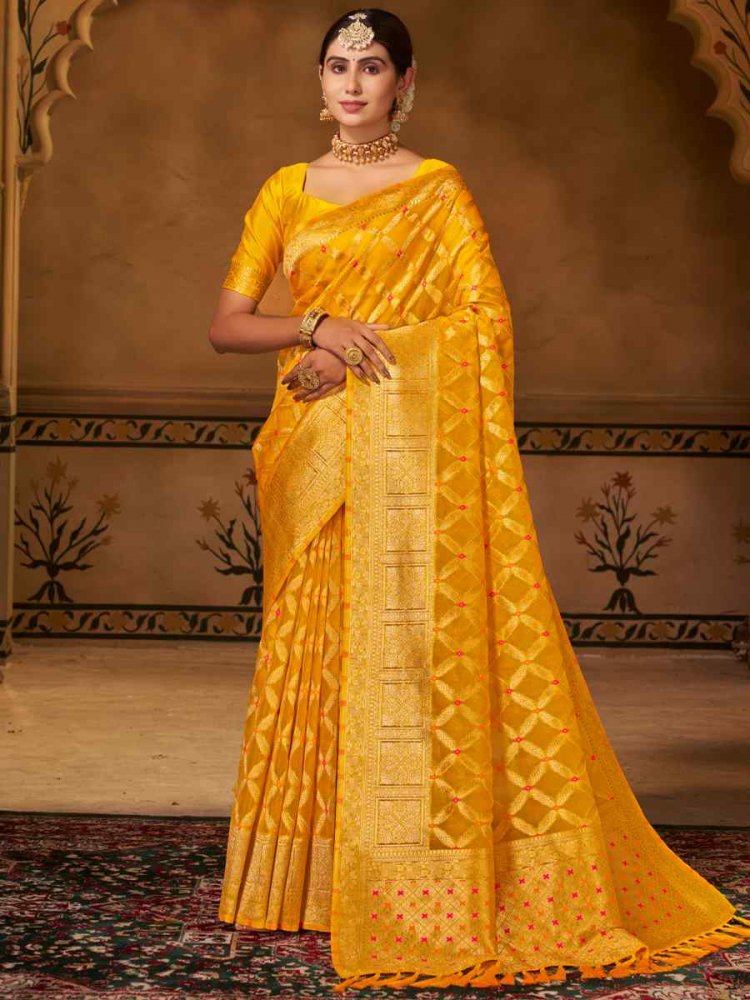 Yellow Pure Georgette Handwoven Wedding Festival Heavy Border Saree