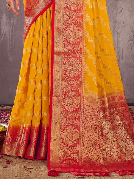 Yellow Pure Georgette Handwoven Wedding Festival Heavy Border Saree