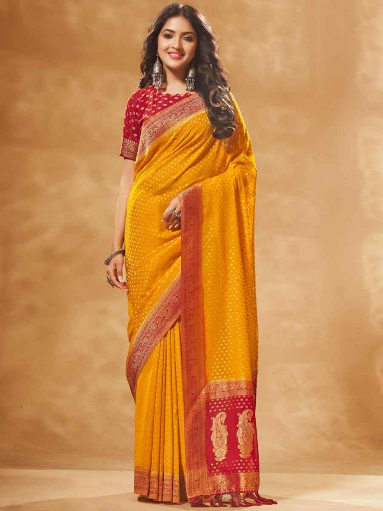 Yellow Pure Georgette Handwoven Wedding Festival Heavy Border Saree