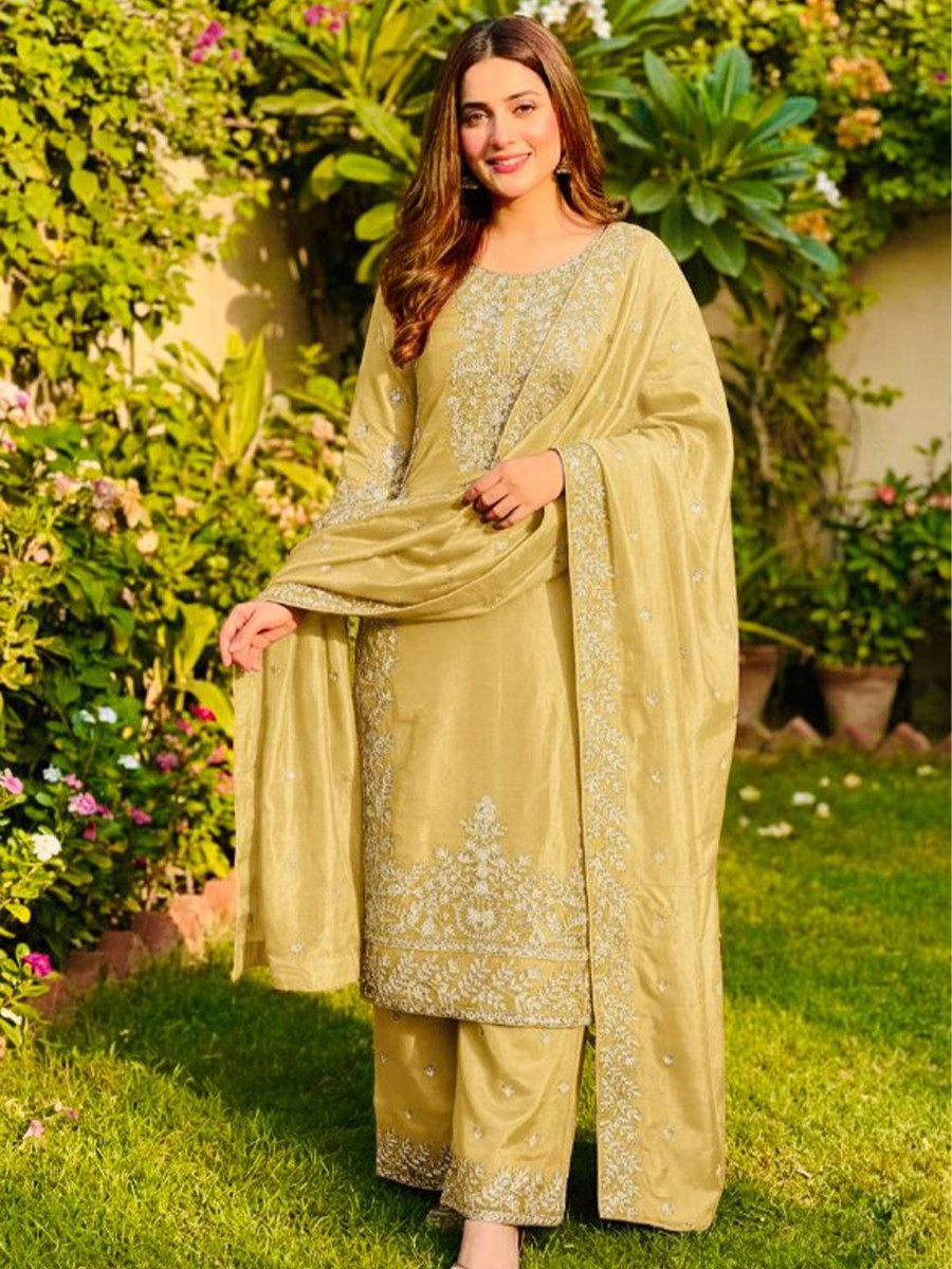 Yellow Pure Gmy Silk Embroidery Sequins Party Wedding Festival Casual Ready Palazzo Pant Salwar Kameez