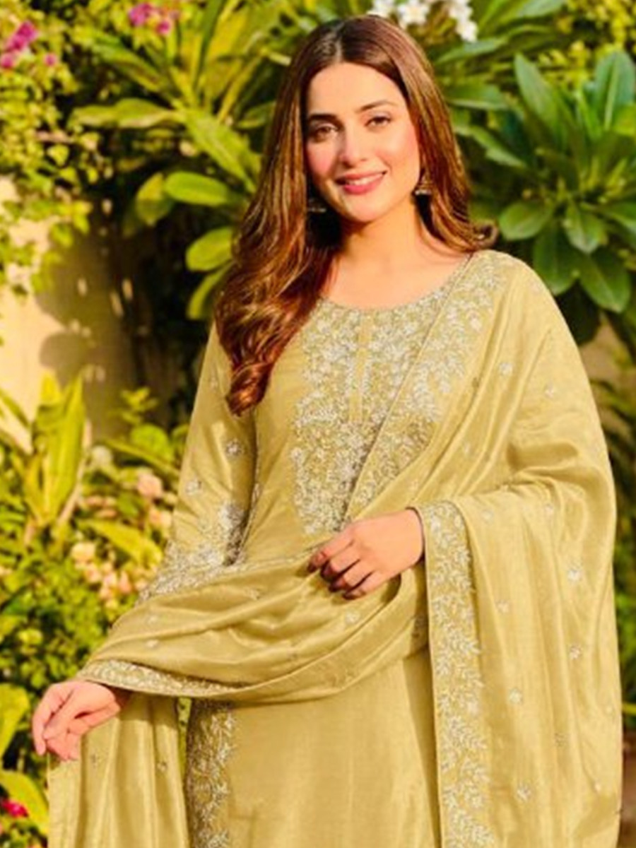 Yellow Pure Gmy Silk Embroidery Sequins Party Wedding Festival Casual Ready Palazzo Pant Salwar Kameez