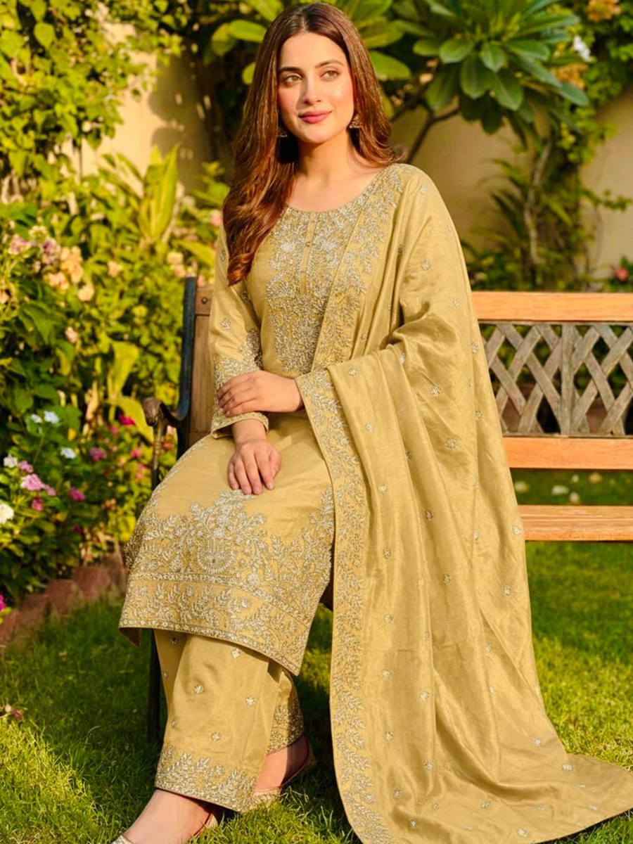Yellow Pure Gmy Silk Embroidery Sequins Party Wedding Festival Casual Ready Palazzo Pant Salwar Kameez