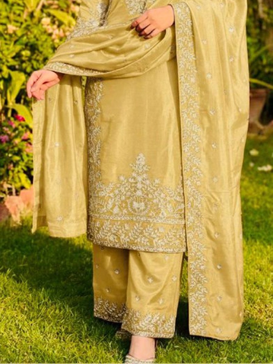 Yellow Pure Gmy Silk Embroidery Sequins Party Wedding Festival Casual Ready Palazzo Pant Salwar Kameez