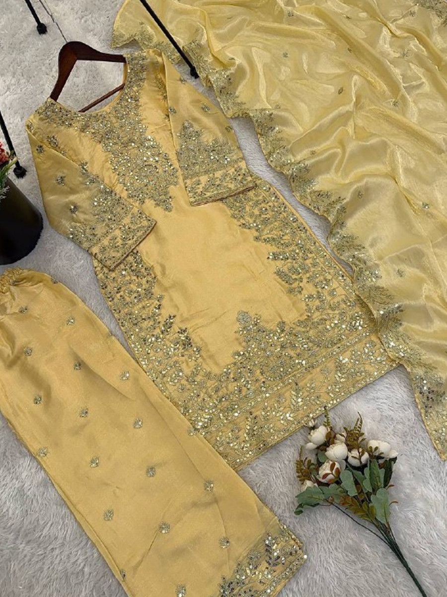 Yellow Pure Gmy Silk Embroidery Sequins Party Wedding Festival Casual Ready Palazzo Pant Salwar Kameez
