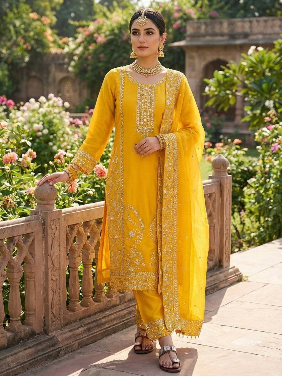 Yellow Pure Gmy Silk Embroidery Wedding Party Haldi Festival Ready Palazzo Pant Salwar Kameez