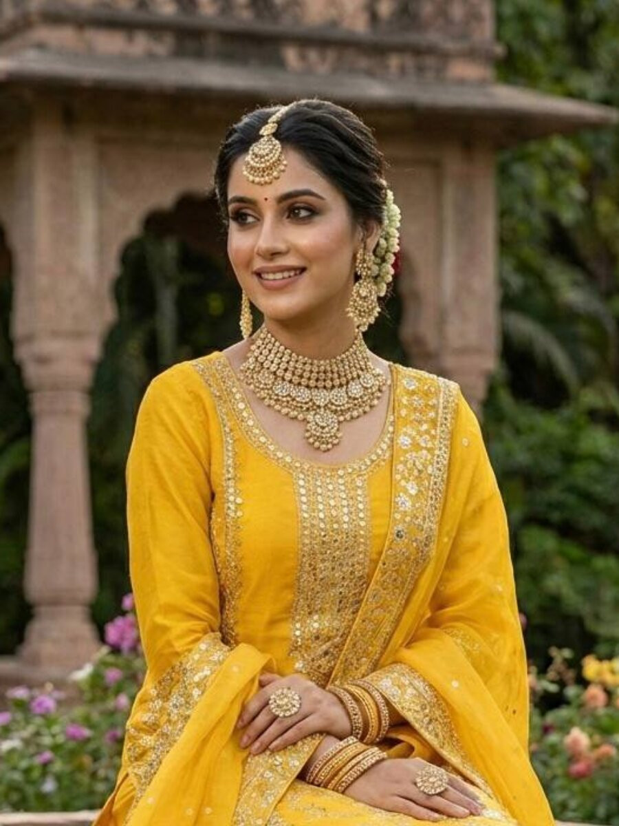 Yellow Pure Gmy Silk Embroidery Wedding Party Haldi Festival Ready Palazzo Pant Salwar Kameez