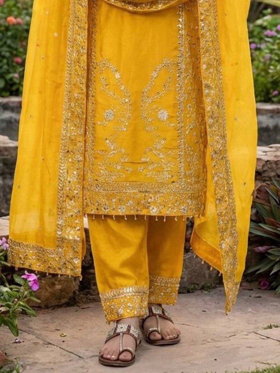Yellow Pure Gmy Silk Embroidery Wedding Party Haldi Festival Ready Palazzo Pant Salwar Kameez