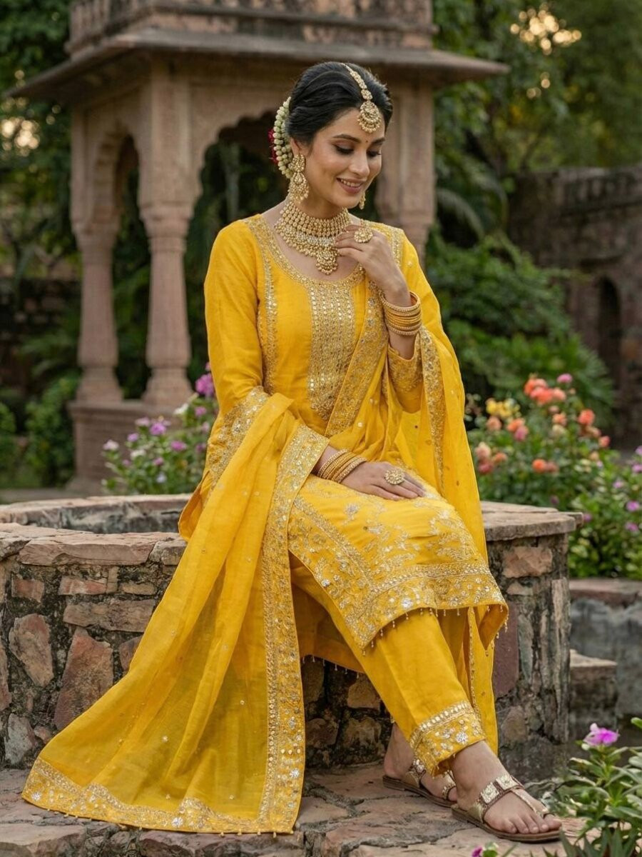 Yellow Pure Gmy Silk Embroidery Wedding Party Haldi Festival Ready Palazzo Pant Salwar Kameez