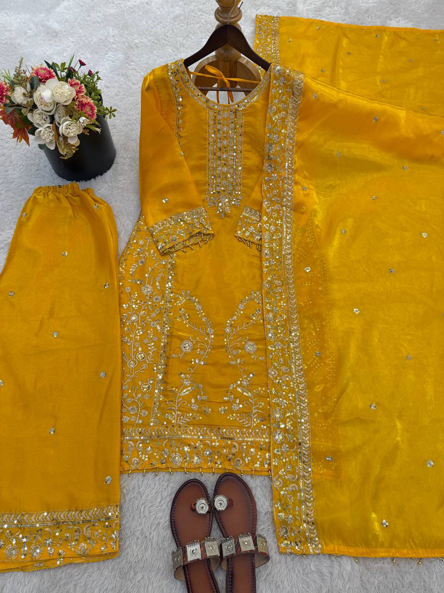 Yellow Pure Gmy Silk Embroidery Wedding Party Haldi Festival Ready Palazzo Pant Salwar Kameez