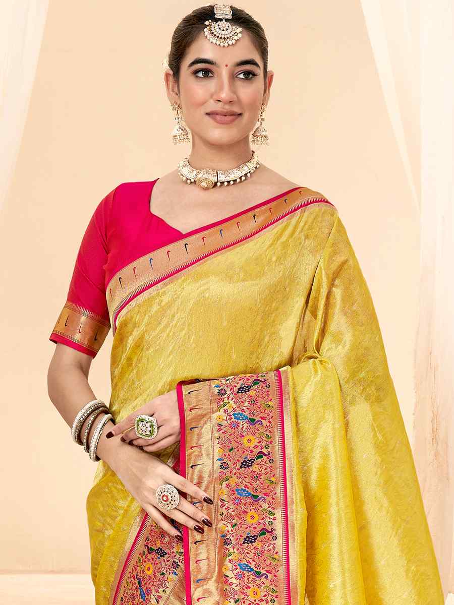 Yellow Pure Handloom Silk Handwoven Wedding Festival Heavy Border Saree