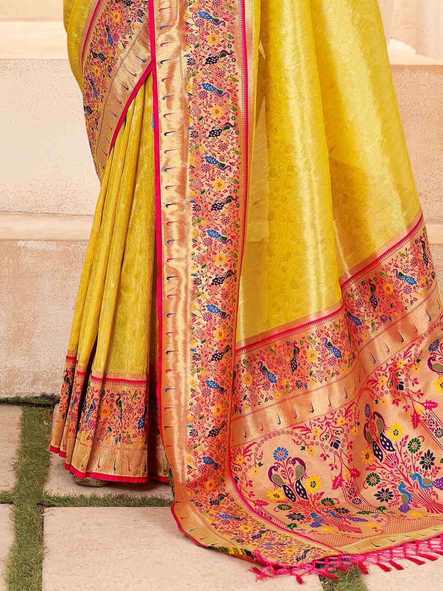 Yellow Pure Handloom Silk Handwoven Wedding Festival Heavy Border Saree