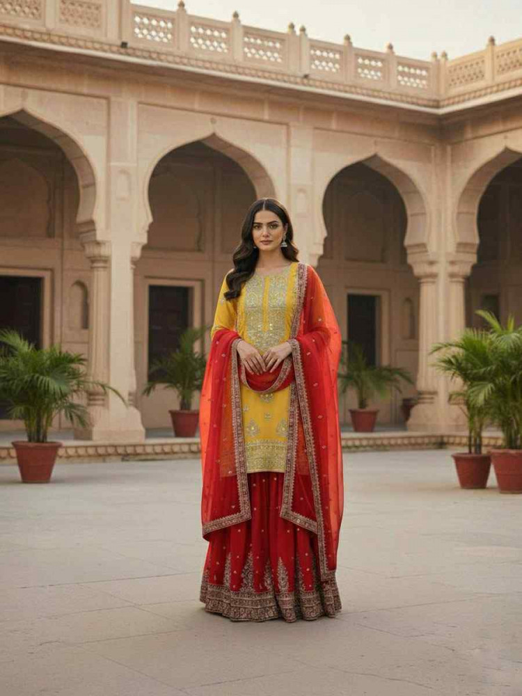 Image of Yellow Pure Heavy Georgette Embroidery Party Wedding Festival Casual Ready Palazzo Pant Salwar Kameez