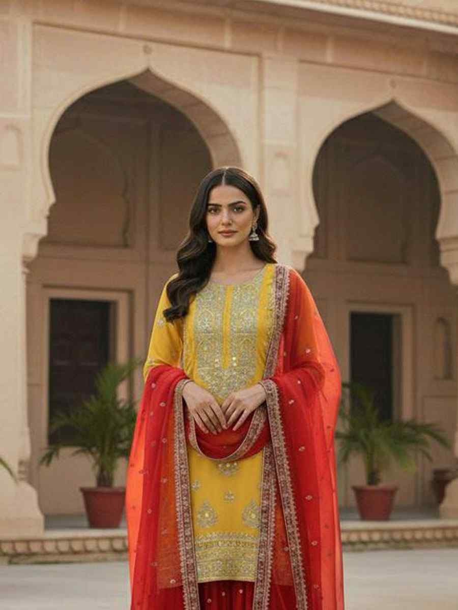 Yellow Pure Heavy Georgette Embroidery Party Wedding Festival Casual Ready Palazzo Pant Salwar Kameez