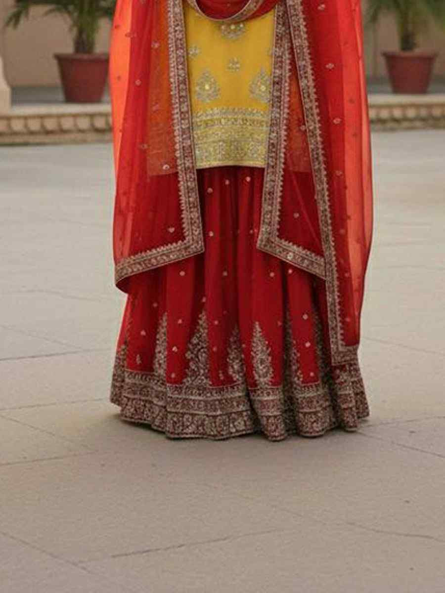 Yellow Pure Heavy Georgette Embroidery Party Wedding Festival Casual Ready Palazzo Pant Salwar Kameez