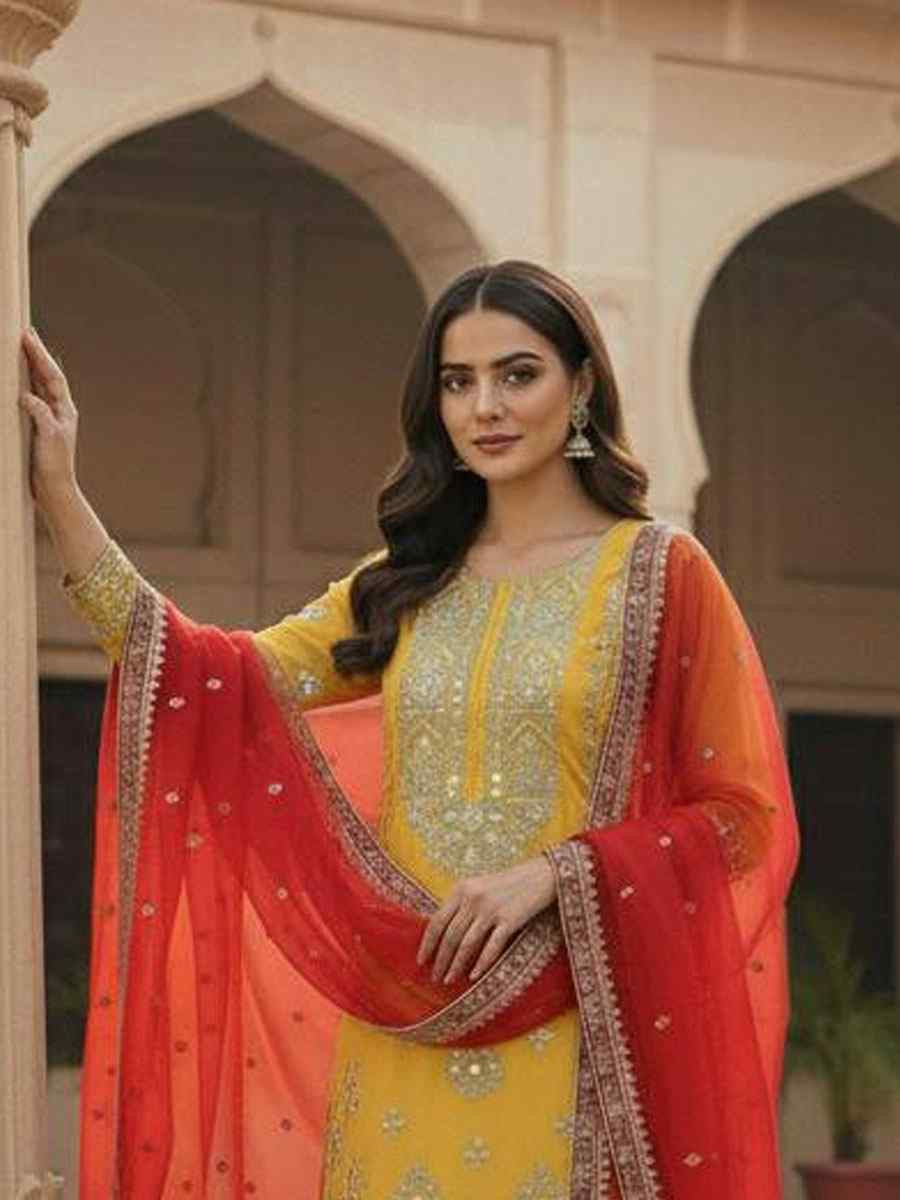 Yellow Pure Heavy Georgette Embroidery Party Wedding Festival Casual Ready Palazzo Pant Salwar Kameez