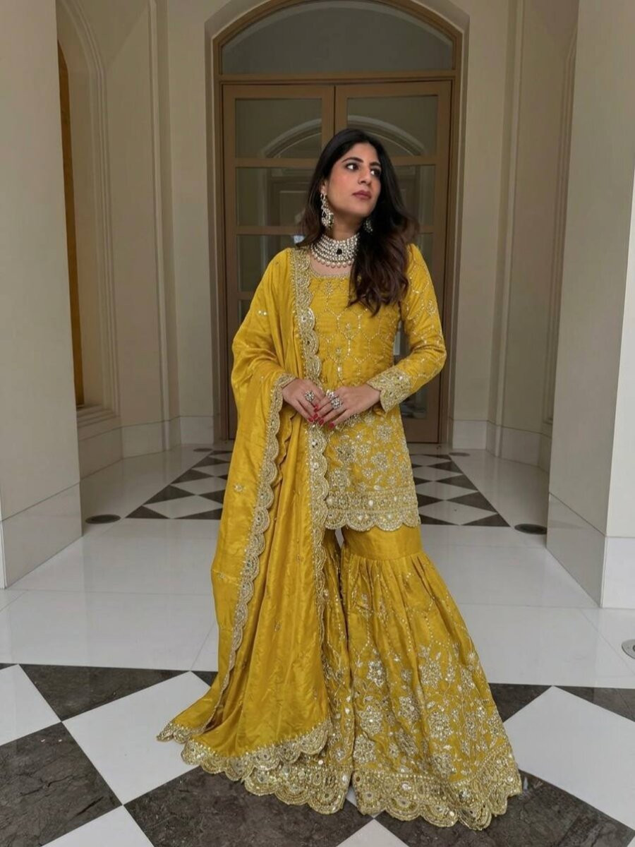 Yellow Pure Heavy Gmy Silk Embroidery Sequins Mirror Hand Work Wedding Party Festival Casual Ready Sharara Pant Salwar Kameez