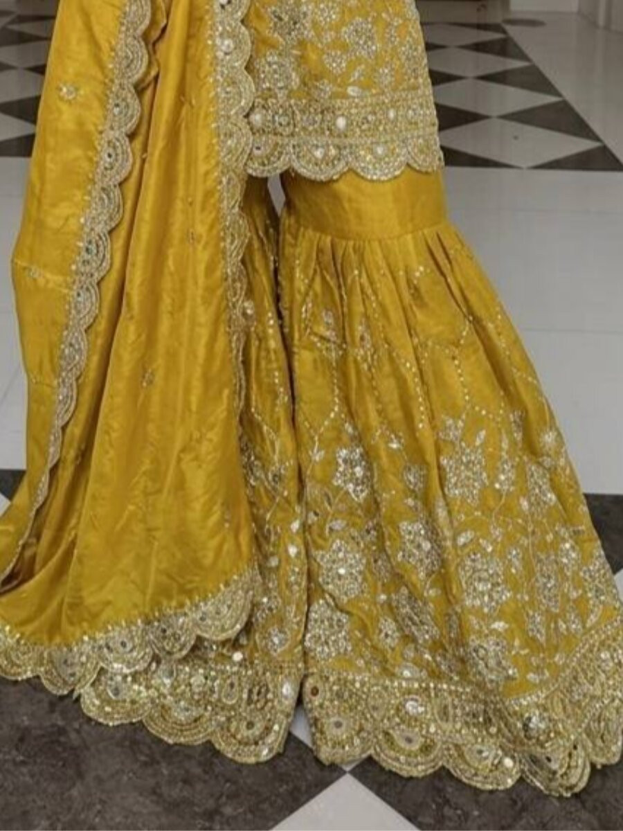Yellow Pure Heavy Gmy Silk Embroidery Sequins Mirror Hand Work Wedding Party Festival Casual Ready Sharara Pant Salwar Kameez