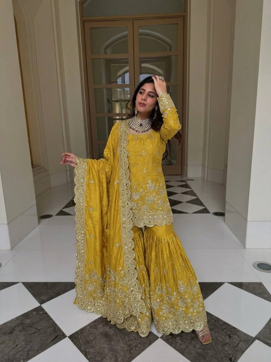 Yellow Pure Heavy Gmy Silk Embroidery Sequins Mirror Hand Work Wedding Party Festival Casual Ready Sharara Pant Salwar Kameez