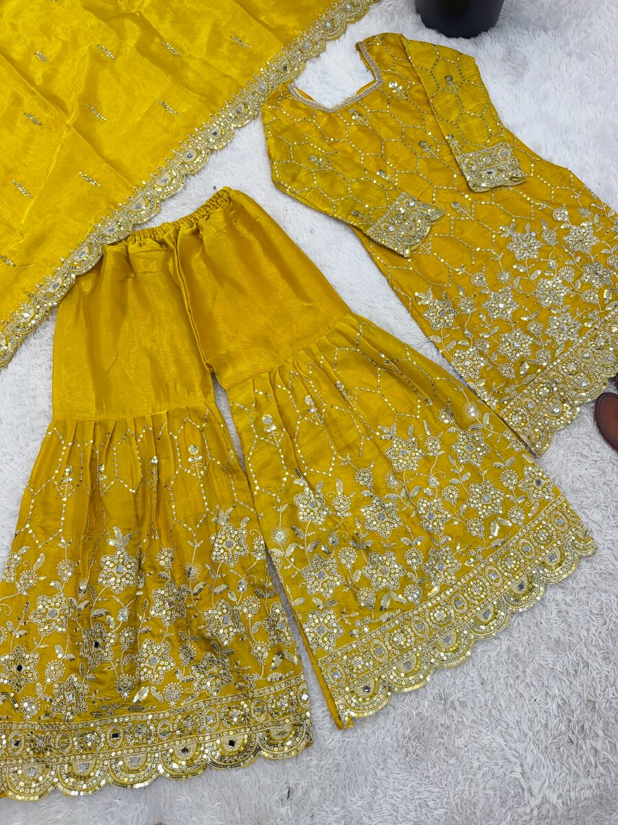 Yellow Pure Heavy Gmy Silk Embroidery Sequins Mirror Hand Work Wedding Party Festival Casual Ready Sharara Pant Salwar Kameez