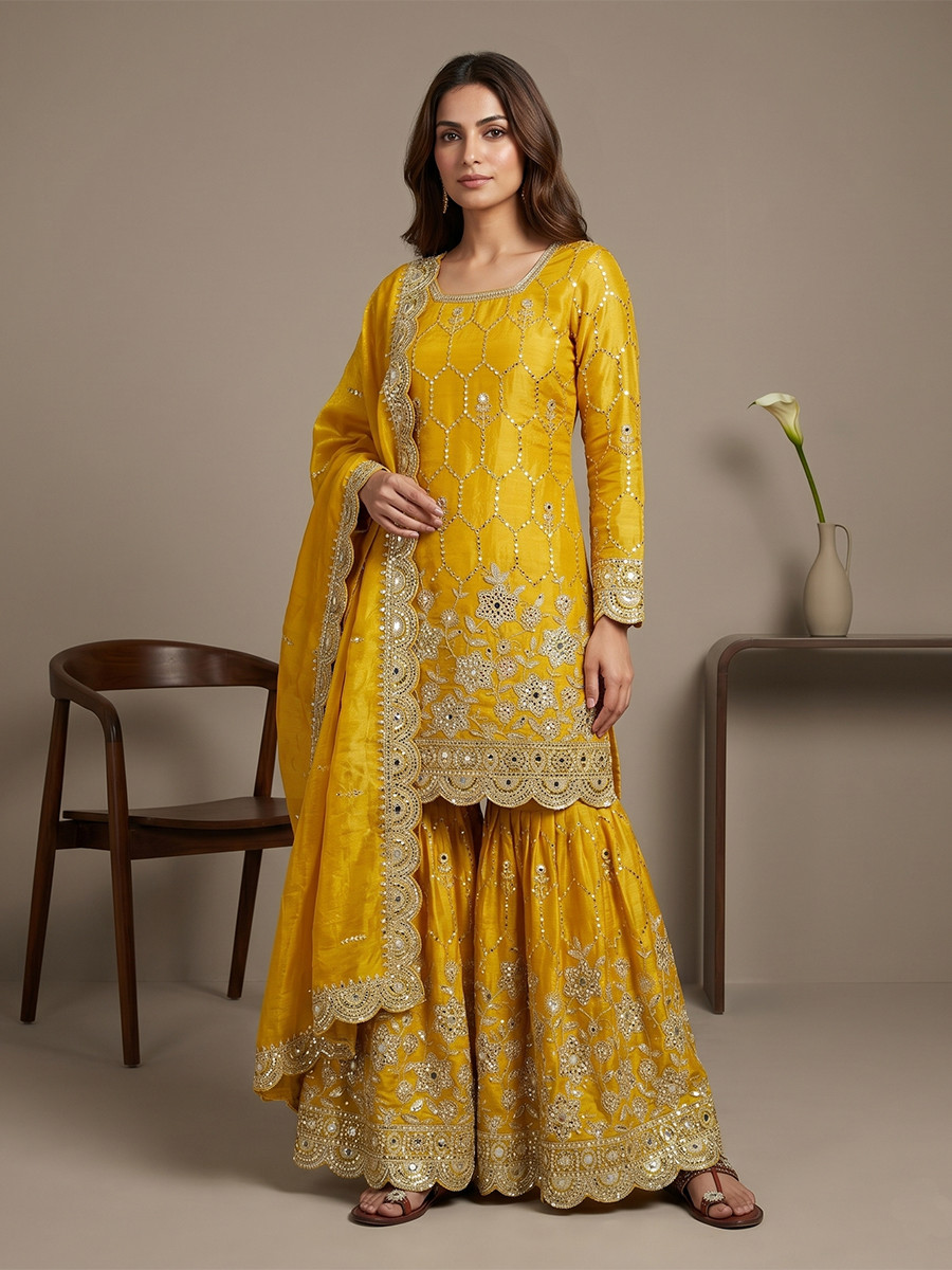 Yellow Pure Heavy Gmy Silk Embroidery Sequins Real Mirror Hand Work Wedding Party Festival Casual Ready Sharara Pant Salwar Kameez