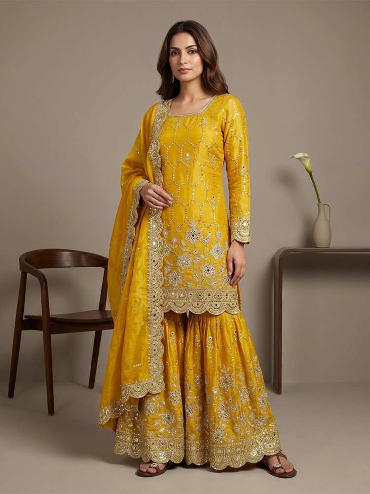 Image of Yellow Pure Heavy Gmy Silk Embroidery Sequins Real Mirror Hand Work Wedding Party Festival Casual Ready Sharara Pant Salwar Kameez