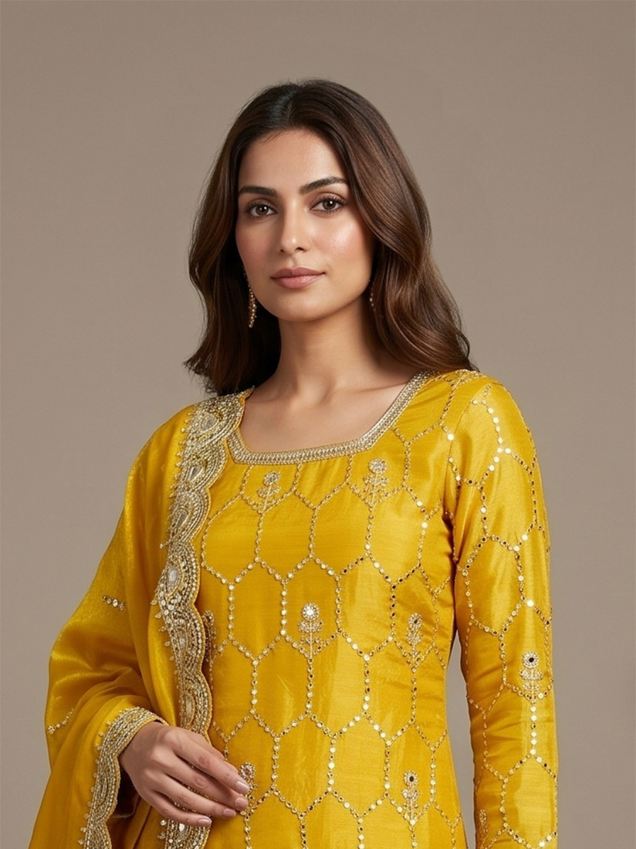 Yellow Pure Heavy Gmy Silk Embroidery Sequins Real Mirror Hand Work Wedding Party Festival Casual Ready Sharara Pant Salwar Kameez