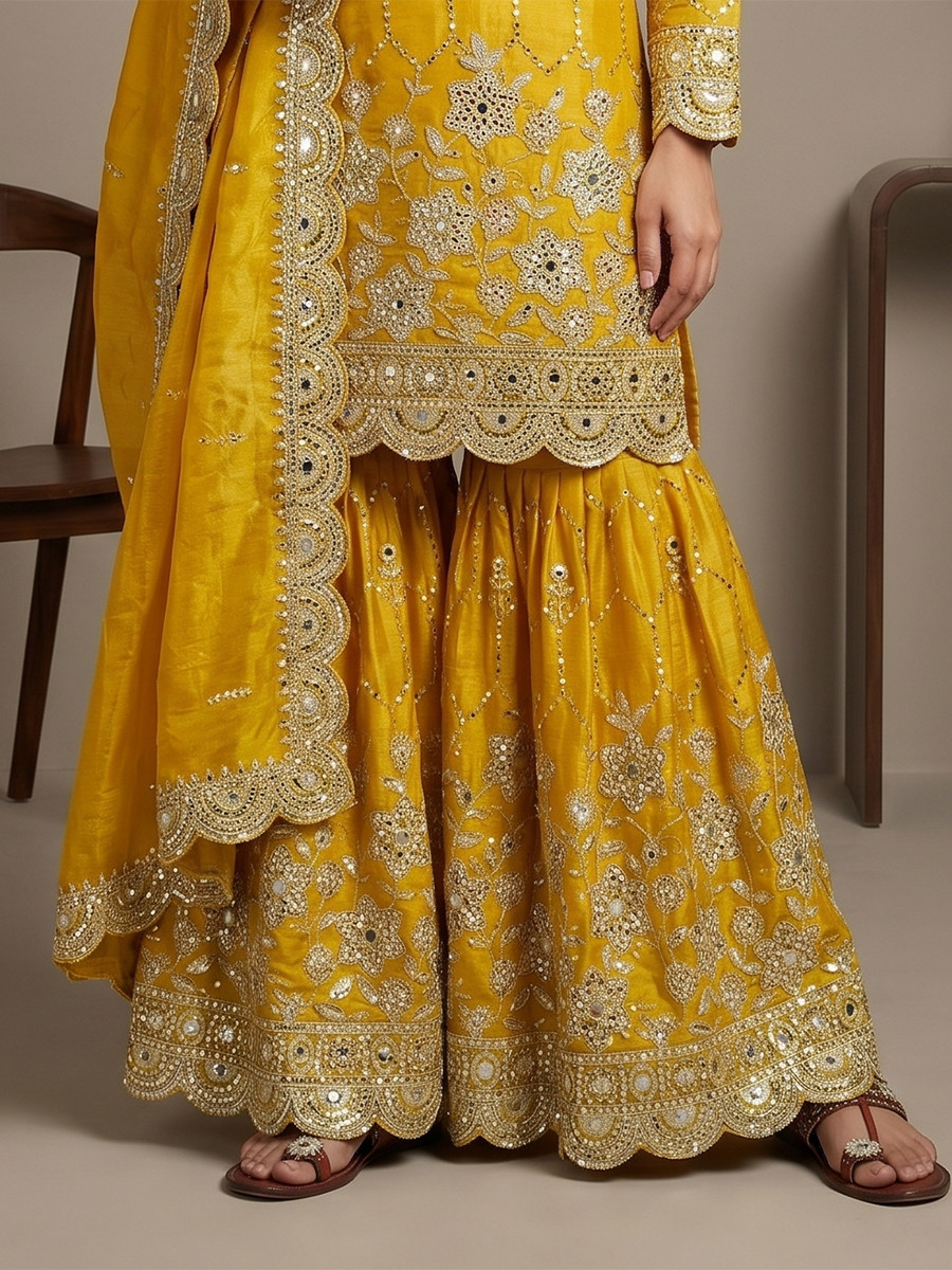 Yellow Pure Heavy Gmy Silk Embroidery Sequins Real Mirror Hand Work Wedding Party Festival Casual Ready Sharara Pant Salwar Kameez