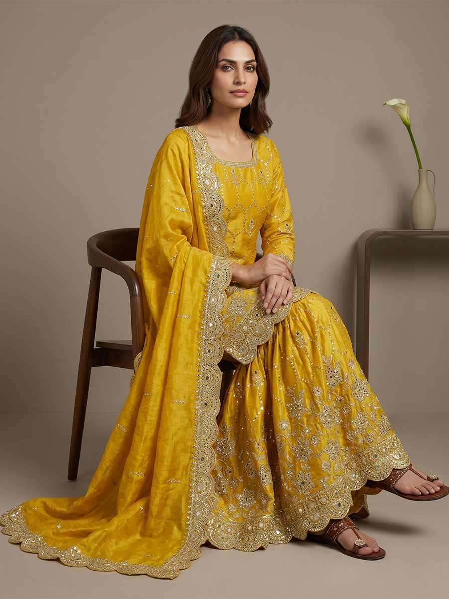 Yellow Pure Heavy Gmy Silk Embroidery Sequins Real Mirror Hand Work Wedding Party Festival Casual Ready Sharara Pant Salwar Kameez