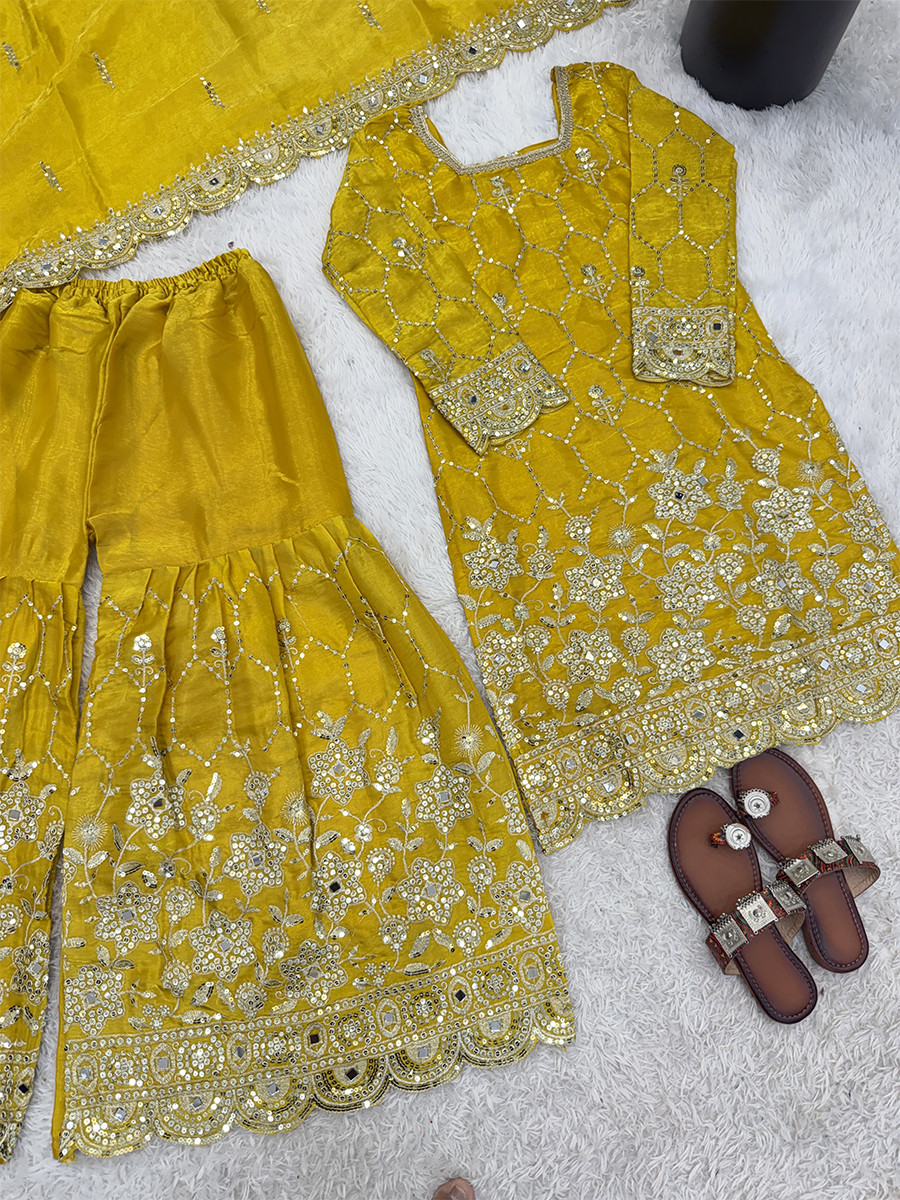 Yellow Pure Heavy Gmy Silk Embroidery Sequins Real Mirror Hand Work Wedding Party Festival Casual Ready Sharara Pant Salwar Kameez