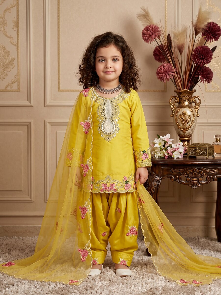 Yellow Pure Heavy Natural Crepe Embroidered Sequence Traditional Ethnic Casual Festival Party Wedding Salwars Girls Wear