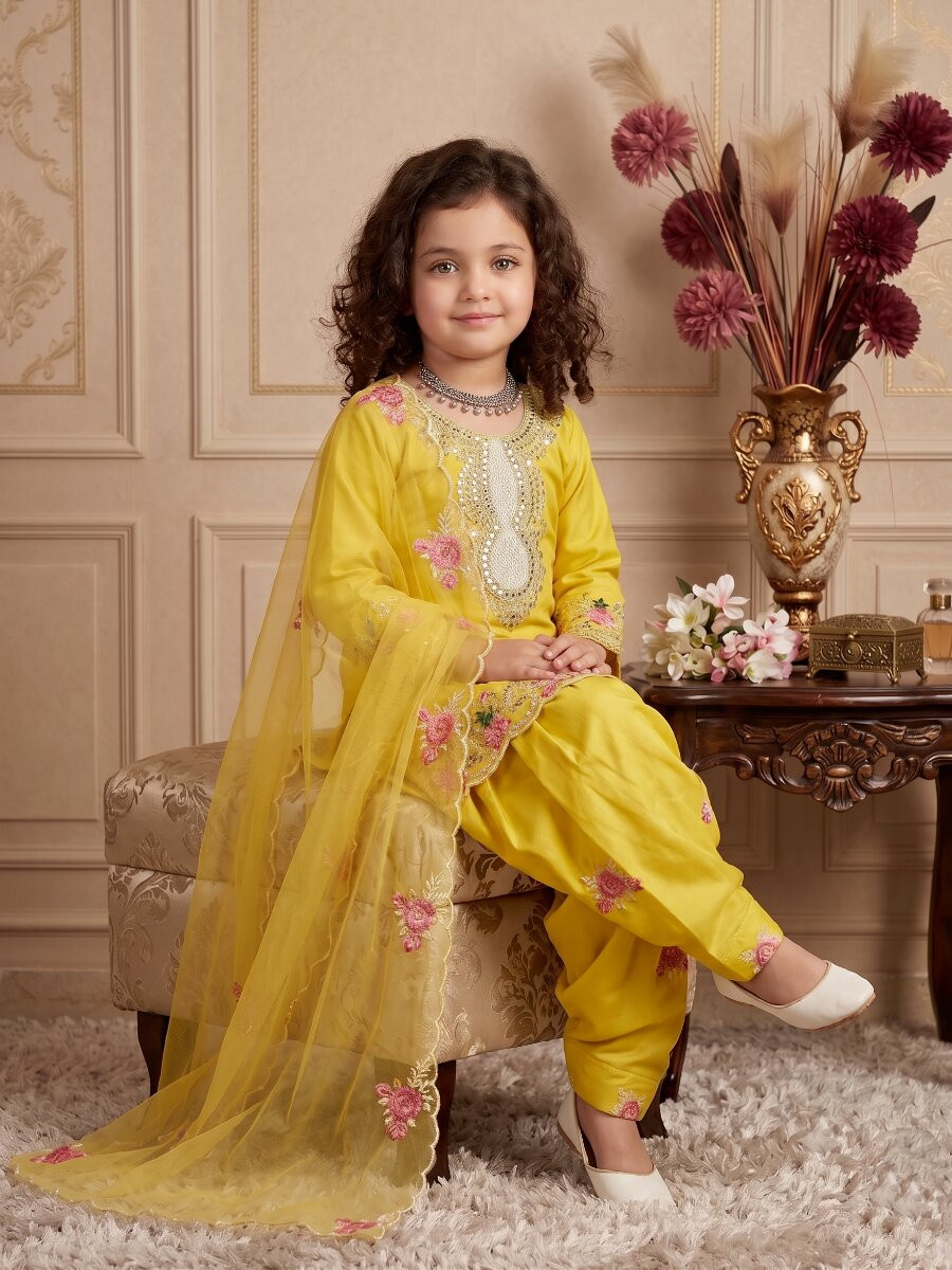 Yellow Pure Heavy Natural Crepe Embroidered Sequence Traditional Ethnic Casual Festival Party Wedding Salwars Girls Wear