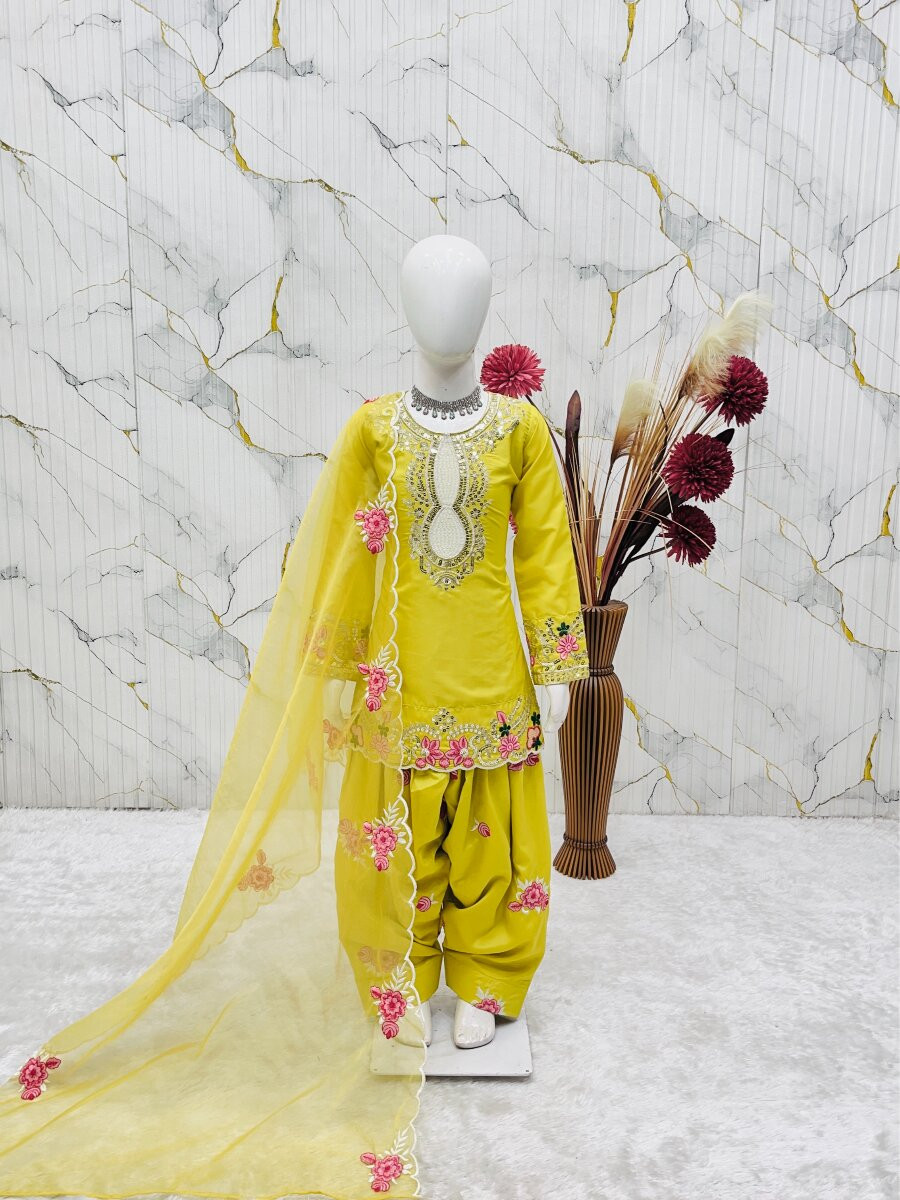 Yellow Pure Heavy Natural Crepe Embroidered Sequence Traditional Ethnic Casual Festival Party Wedding Salwars Girls Wear