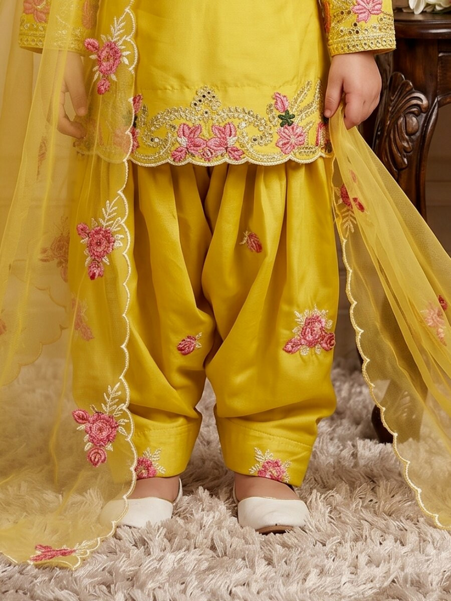 Yellow Pure Heavy Natural Crepe Embroidered Sequence Traditional Ethnic Casual Festival Party Wedding Salwars Girls Wear